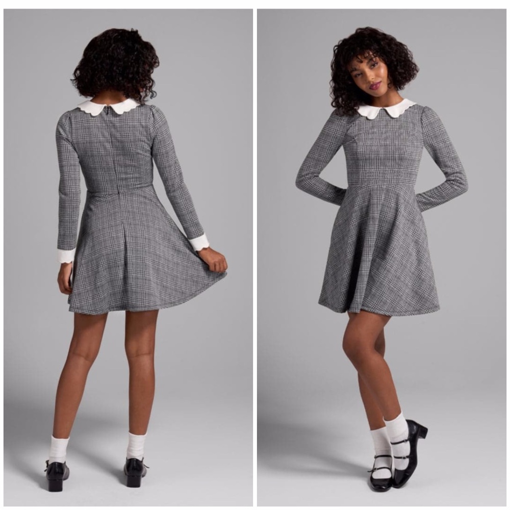 Classic Gray Plaid Dress with White Collar
